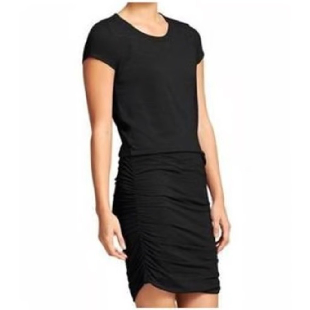 Athleta Topanga Shirt Dress Black Ruched Cap Sleeve V-Neck Stretch Size XS